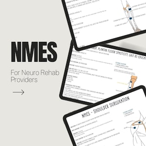 May include: A stack of three black tablets displaying medical information with the text "NMES" and "For Neuro Rehab Providers." The tablets show diagrams and text related to finger, wrist, and shoulder treatments.