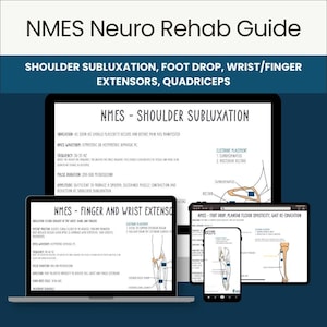 May include: A digital NMES Neuro Rehab Guide displayed on a laptop, tablet, and smartphone screen. The content includes technical protocols for shoulder subluxation, foot drop, and wrist or finger extensors, featuring anatomical diagrams and text.