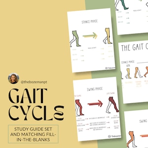 Könnte beinhalten: Ein Studienleitfaden-Set für Gangzyklen mit Illustrationen der Stand- und Schwungphasen des Gehens. Der Leitfaden enthält Lückentext-Abschnitte, um die verschiedenen Muskelbewegungen zu lernen, die in jeder Phase beteiligt sind.