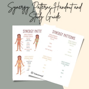 May include: Two illustrations of the human body with arrows pointing to different body parts. The illustrations are labelled with the text "Synergy Patterns" and "Upper Extremity Extensor Synergy" and "Lower Extremity Extensor Synergy".