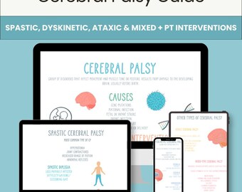 May include: A digital guide titled Cerebral Palsy Guide displayed on a computer monitor, a tablet, and a smartphone. The screens feature educational text, illustrations of brains, and medical information regarding spastic, dyskinetic, and ataxic types.