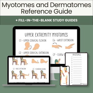 May include: A digital reference guide titled Myotomes and Dermatomes Reference Guide with fill-in-the-blank study guides displayed on a computer monitor, a laptop screen, and a smartphone, featuring anatomical diagrams of body movements.