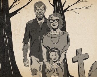 Può includere: Un'illustrazione in bianco e nero di una famiglia in piedi davanti a un cimitero. Il padre è un lupo mannaro, la madre indossa gli occhiali e il bambino tiene un orsacchiotto.