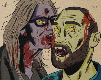 Può includere: Un'illustrazione a fumetti di due zombie, una donna e un uomo, con sangue e viscere. La zombie femmina sta mordendo il collo dello zombie maschio. Lo zombie maschio indossa una camicia blu con la scritta "I ♥ BRAINS!" stampata su di essa.