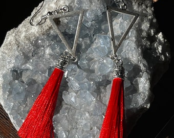 Triangle Red Tassel Antiqued Silver Earrings