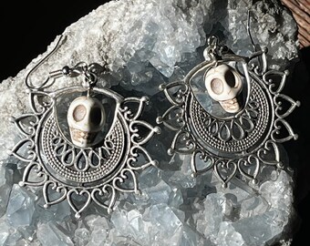 Skull Mandala Antiqued Silver Earrings