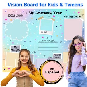 May include: A vision board for kids and tweens with the text "Vision Board for Kids & Tweens" at the top. The board has sections for "School & Learning", "My Awesome Year", and "My Big Goals". The board is decorated with stars, hearts, and the text "This is Me!"