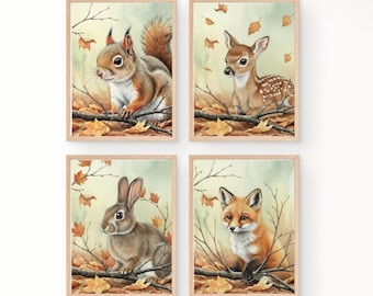 Woodland Animal Nursery Art Set – Watercolor Squirrel, Fawn, Bunny, Fox (Digital Download)