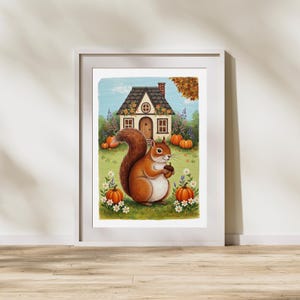 Squirrel Cottage Watercolor Art Print – Whimsical Autumn Decor (Digital Download)