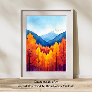 Autumn Forest Landscape Digital Art Print, Mountain View Fall Decor, Vibrant Nature Scene, Instant Download, Wall Art for Home