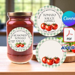 Editable Mason Jar Labels for Tomato Sauce – Canva Template + Avery PNGs – 2” & 2.5” Printable Round Pantry Stickers