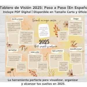 Tablero de Visión 2025 | Plantilla PDF Digital | Tamaño Carta y Oficio | Organiza tus metas con áreas clave y frases motivadoras