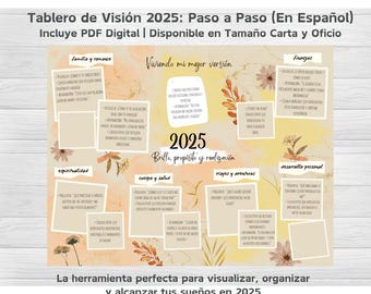 Tablero de Visión 2025 | Plantilla PDF Digital | Tamaño Carta y Oficio | Organiza tus metas con áreas clave y frases motivadoras