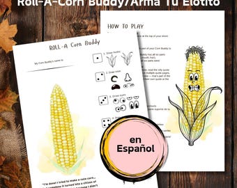 Roll-A-Corn Buddy-Spiel | No-Turkey Thanksgiving-Aktivität | Arma Tu Elotito | Englisch & Spanisch Familie zum Ausdrucken