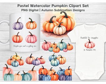 Pastel Watercolor Pumpkin Clipart Set, Autumn Pumpkin PNGs, Thanksgiving Sublimation Designs, Digital Download for Fall Craft & DIY Projects