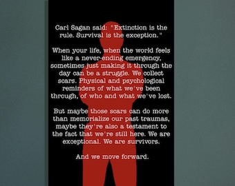 May include: Black and red wall art with text by Carl Sagan: "Extinction is the rule. Survival is the exception." The art features a red silhouette and inspirational text about survival and moving forward.