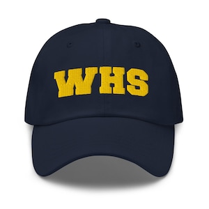 May include: A navy blue baseball cap with a yellow embroidered "WHS" on the front.