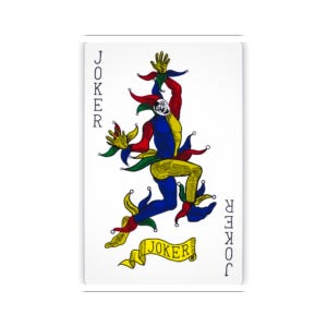 May include: A playing card featuring a colorful jester illustration. The jester is depicted in red, blue, yellow, and green attire, with arms raised. The word "JOKER" is printed vertically on the sides and on a banner at the bottom.