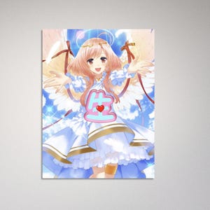 May include: A digital art print featuring a smiling anime-style angel with pink hair, wearing a white and blue dress with gold trim. The angel has large white wings and a halo. The image includes the Japanese character "生" with a heart.