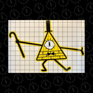 May include: A yellow triangle-shaped character with a single eye, a black top hat, and a bow tie. The character is holding a black cane and has a yellow brick pattern on its body. The character is on a white background with a grid pattern.