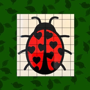 May include: A red ladybug with black spots and black wings. The ladybug has a black outline and is decorated with small black hearts.