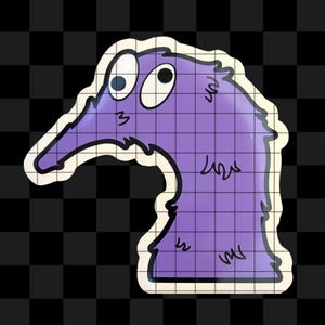 May include: Purple cartoon worm with large eyes and a long snout. The worm is outlined in black and has a fuzzy texture.
