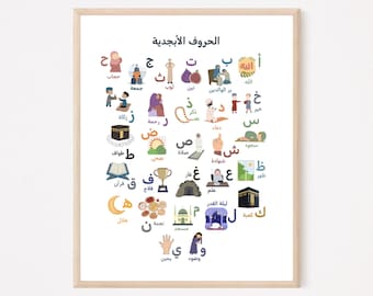 Islamisk arabisk alfabetsaffisch, utskrivbar arabisk affisch, arabiska alfabet för klassrum, islamiska tryck för barn, islamisk arabisk bokstäveraffisch