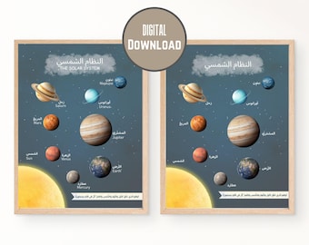 Solar System Poster Arabic, Printable Arabic Planets Poster, Arabic Planets Wall Art for Kids Room, Educational Arabic Space Planet Poster
