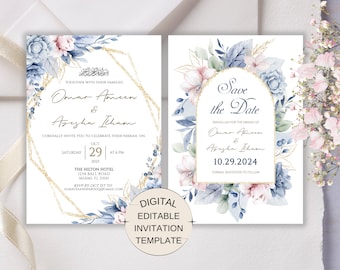 Dusty Blue Shaadi Mubarak Wedding Invitation, Floral Desi Wedding Card, Digital Wedding Invite, Islamic Wedding Invite, Nikkah Invitation
