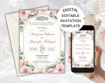 Pink Floral Shaadi Mubarak Card, Desi Wedding Invitation, Mehndi Invitation Template, Muslim Wedding Invitation Card, Islamic Wedding Card