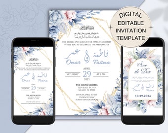 Dusty Blue Floral Bilingual Wedding Invitation, Arabic Wedding Invitation, Shaadi Invitation, Muslim Wedding Card, Desi E-Invitation Wedding