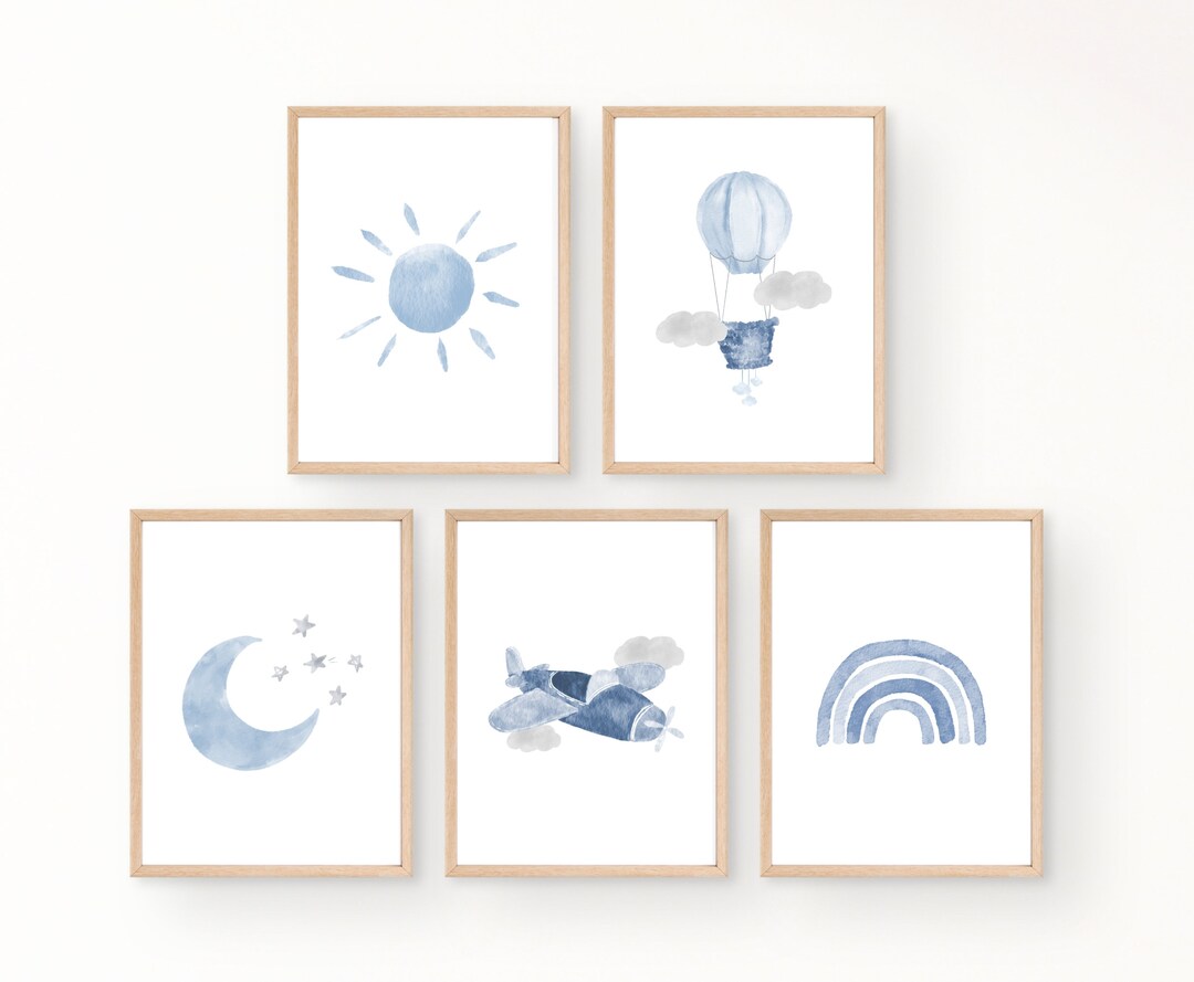 Blue Gray Boy Nursery Wall Art, Baby Boy Wall Art, Watercolor Hot Air ...