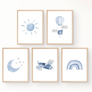 Blue Gray Boy Nursery Wall Art, Boy Nursery Prints, Blue Baby Boy Wall Decor, Hot Air Balloon, Airplane Wall Art, Boy Nursery Decor Travel