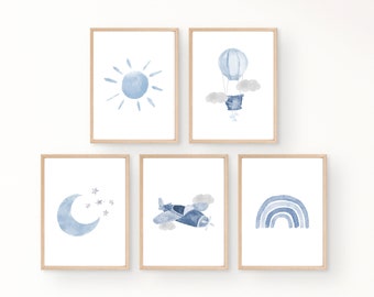 Blue Gray Boy Nursery Wall Art, Boy Nursery Prints, Blue Baby Boy Wall Decor, Hot Air Balloon, Airplane Wall Art, Boy Nursery Decor Travel