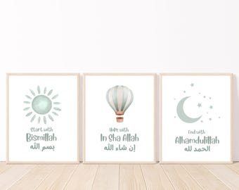 Islamic Nursery Wall Art for Kids, Start w Bismillah, Green Hot Air Balloon Islamic Kids Wall Art, Muslim Nursery Decor, Set of 3 Muslim Kid