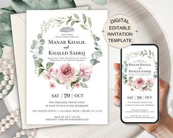 Floral Shaadi Mubarak Card, Mehndi Invitation Template, Desi Wedding Invitation, Muslim Wedding, Arabic Wedding Card, Islamic Wedding Card