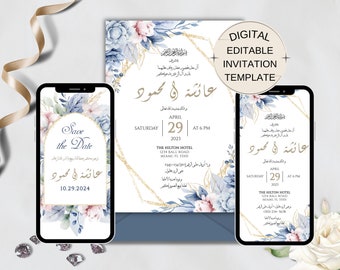 Dusty Blue and Pink Floral Shaadi Mubarak Card, Desi Wedding Invitation, Mehndi Invitation Template, Muslim Wedding Invitation Card, Islamic