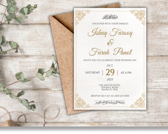 Gold Shaadi Invitation for Muslim Wedding, E-Invitation Wedding Desi Cards, Mehndi Invitation Template Arabic Wedding Card Nikkah Invitation