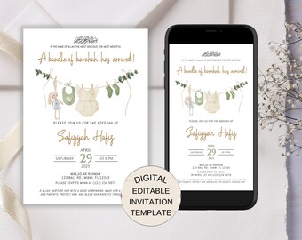 Boho Green Baby Girl Aqeeqah Invitation, Muslim Baby Shower Evite, Aqiqah Invitation Card Digital Invite, Edit Islamic Birth Announcement
