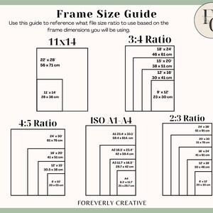May include: A chart with a white background and black text showing different frame sizes and their corresponding dimensions in inches and centimeters. The chart is divided into four sections: 11x14, 4:5 Ratio, 3:4 Ratio, and 2:3 Ratio. The chart also includes a section for ISO A1-A4 sizes. The chart is titled "Frame Size Guide" and includes the text "FOREVERLY CREATIVE" at the bottom.