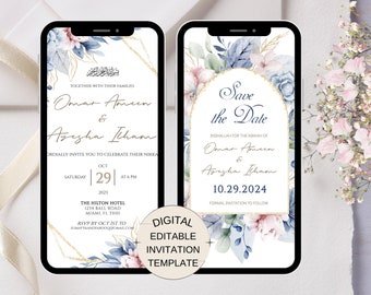 Dusty Blue Shaadi Mubarak Wedding Invitation, E Invitation Card, Floral Desi Wedding Card, Islamic Wedding Invite, Nikkah Invitation, Baraat