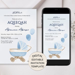 Invitación Baby Boy Aqeeqah, Baby Shower musulmán Evite, Baby Shower islámico, Anuncio de nacimiento islámico editable, Anuncio de bebé musulmán