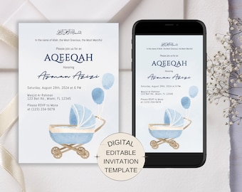 Baby Boy Aqeeqah Invitation, Muslim Baby Shower Evite, Islamic Baby Shower, Editable Islamic Birth Announcement, Muslim Baby Announcement