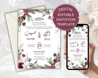 Floral Burgundy Bilingual Wedding Invitation, Arabic Wedding Invitation, Shaadi Invitation, Muslim Wedding Card, E-Invitation Wedding, Desi