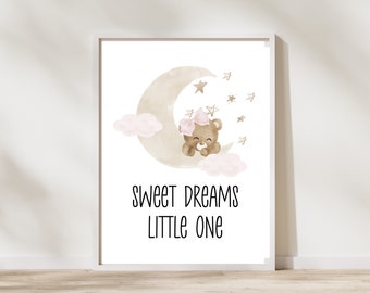 Sweet Dreams Little One, Blush Pink Nursery Wall Art, Bear Nursery Decor, New Baby Girl Gift, Sweet Dreams Print, Cloud, Moon Nursery Print