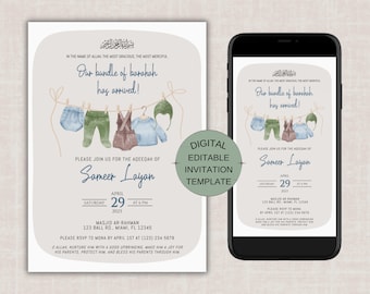 Muslim Aqiqah Digital Evite, Baby Boy Aqeeqah Invitation, Muslim Baby Shower Evite, Islamic Baby Shower, Editable Islamic Birth Announcement