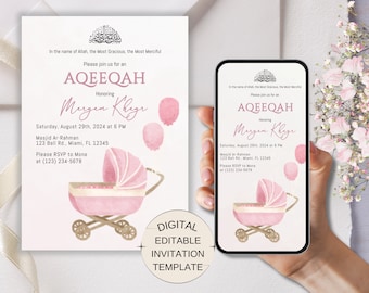 Baby Girl Aqeeqah Invitation, Muslim Baby Shower Evite Islamic Baby Shower Editable Islamic Birth Announcement Muslim Baby Girl Announcement