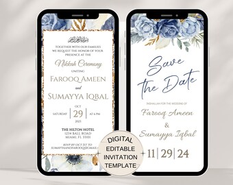 Dusty Blue Shaadi Mubarak Wedding Invitation, E Invitation Card, Floral Desi Wedding Card, Islamic Wedding Invite, Nikkah Invitation, Baraat