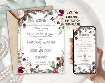 Floral Burgundy Shaadi Invitation, Muslim Wedding Card, E-Invitation Wedding Desi Cards, Mehndi Invitation Template, Nikkah Invitation Kitab
