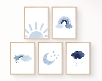 May include: Set of six blue watercolor prints featuring a sun, rainbow, shooting star, moon, and cloud with stars. The prints are framed in natural wood frames.
